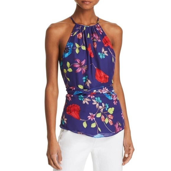 Parker Blue silk Halter Neck Front Tie Waist Floral Tank Top Womens Size Medium - Picture 1 of 11